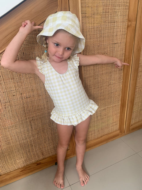 Kidly Recycled Frill Swimsuit - Pear Gingham